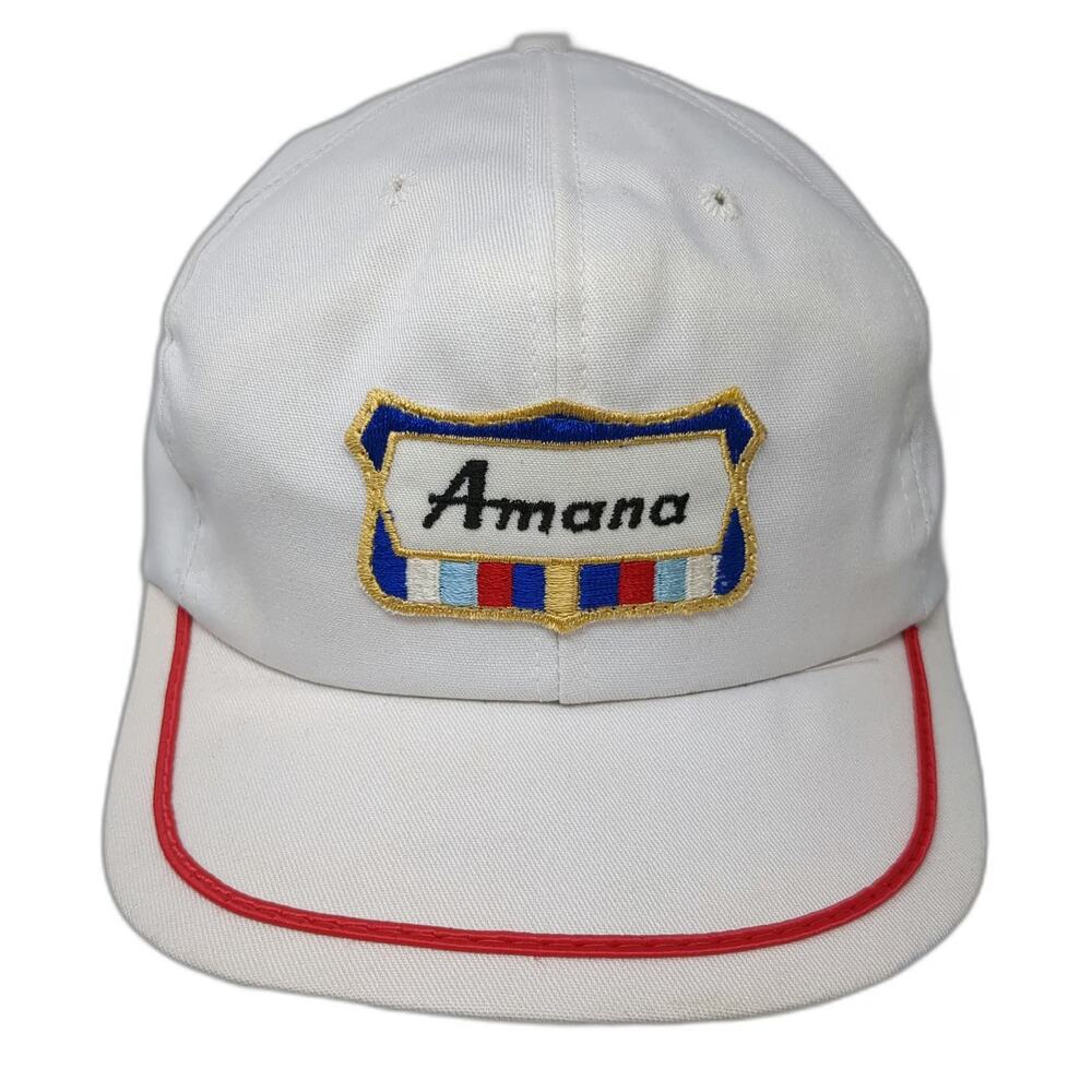 Paramount Amana White Vintage Baseball Cap Hat Made in USA Red Piping Patch Brim